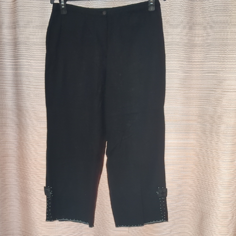 Black Linen Women's Capris with Beaded Hem And Decorative Buttons Cruise Wear